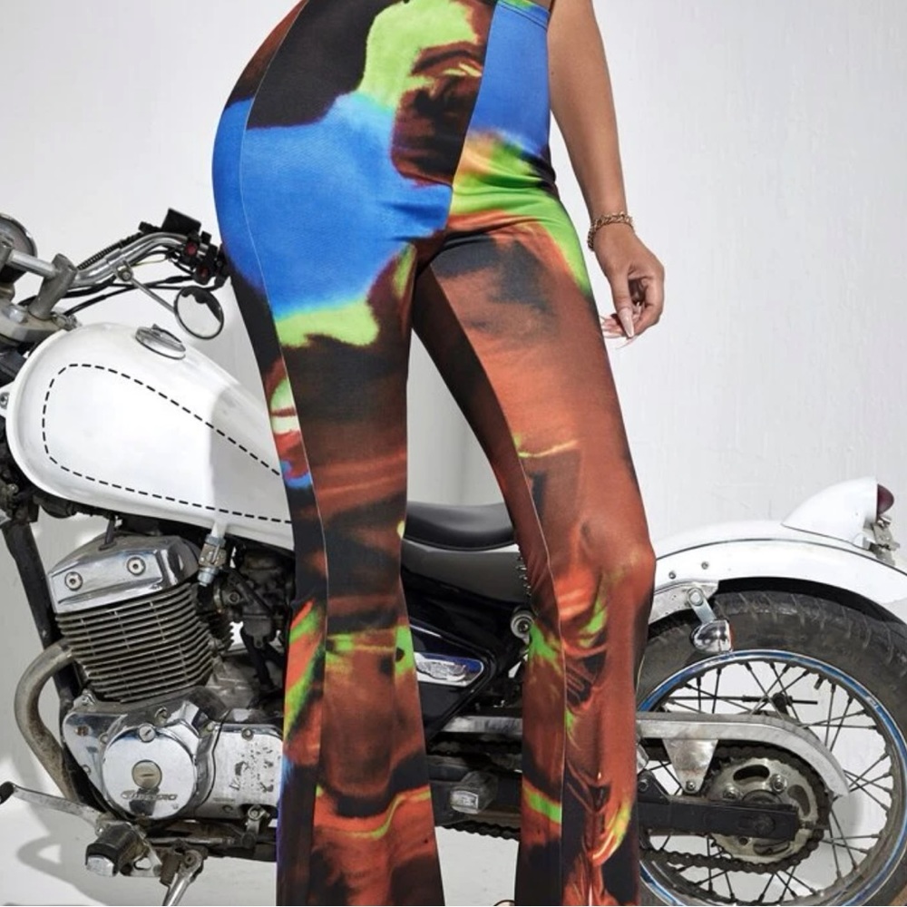 New Womans Tye Dye Multicolour Splash Print High Waist Stretchy Flare Leg Pants - Picture 5 of 9